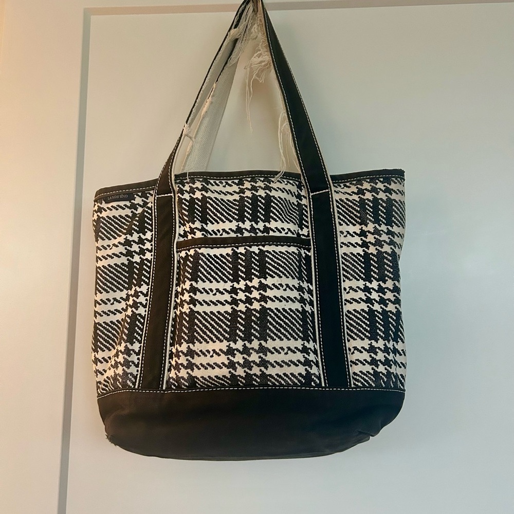 Lands End Elegant Black and White Checkered Tote Bag